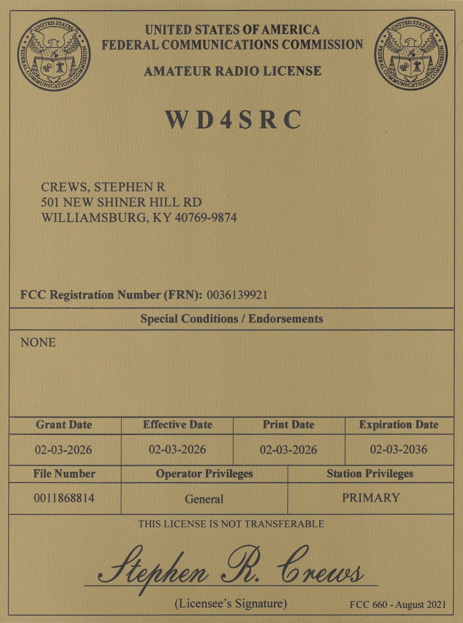 WD4SRC Amateur Radio License